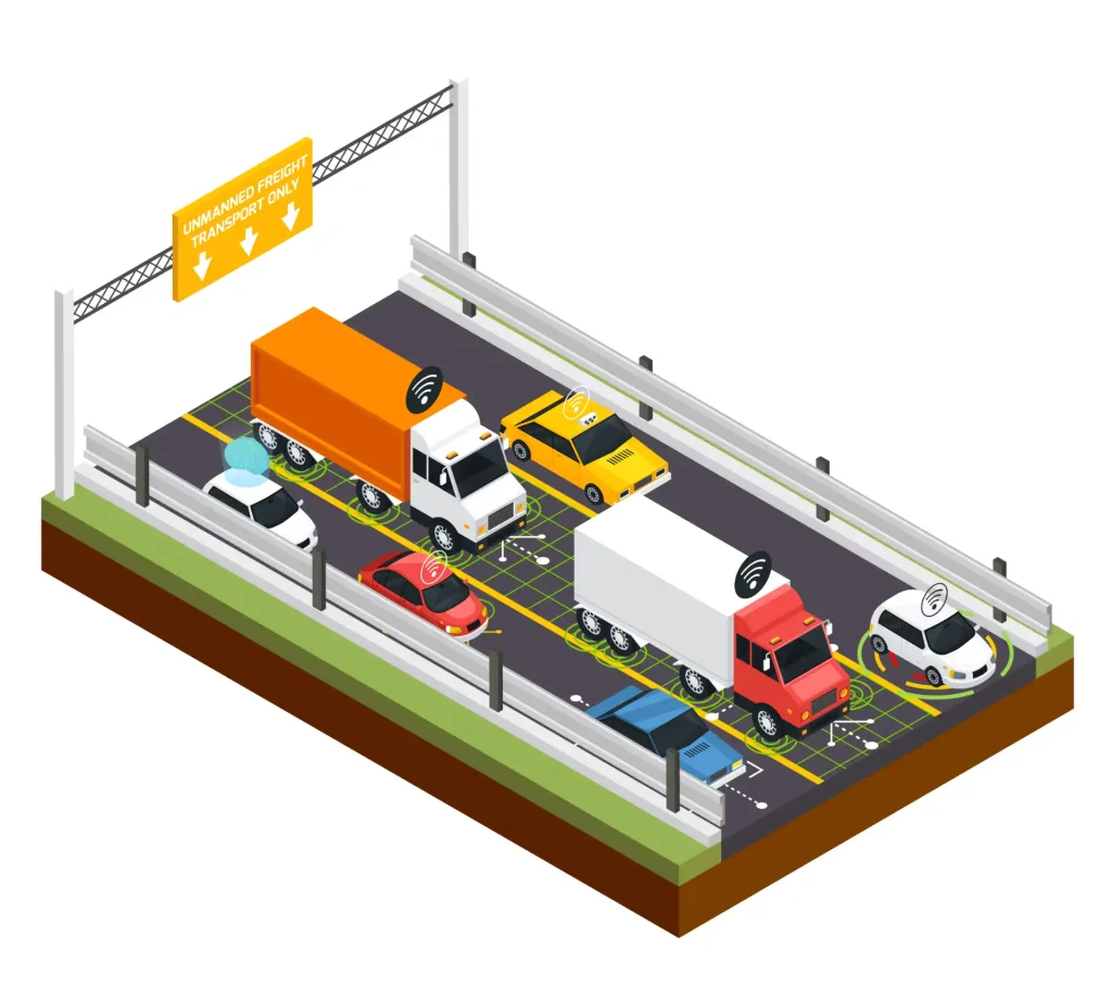 Imagem ilustrativa de uma balança rodoviária moderna com vários veículos de transporte, incluindo caminhões e carros, exibindo como funciona e sua importância na logística industrial.