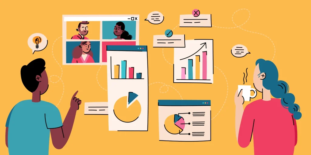 Imagem ilustrativa de uma equipe apresentando e discutindo OKRs para médias empresas, com gráficos, planos de ação e reuniões virtuais, destacando a adaptação do framework sem perder o foco operacional.