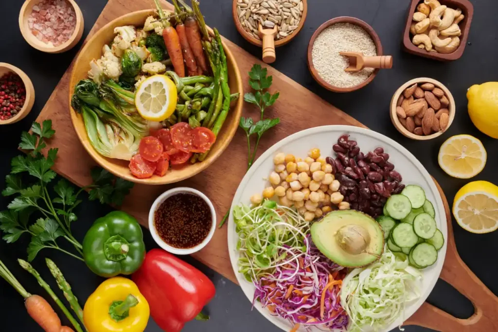 Mesa com tigelas e pratos de alimentos naturais para alimentação anti-inflamatória: legumes, folhas verdes, tomate, cenoura, limão, abacate, feijão e grãos em fundo escuro.