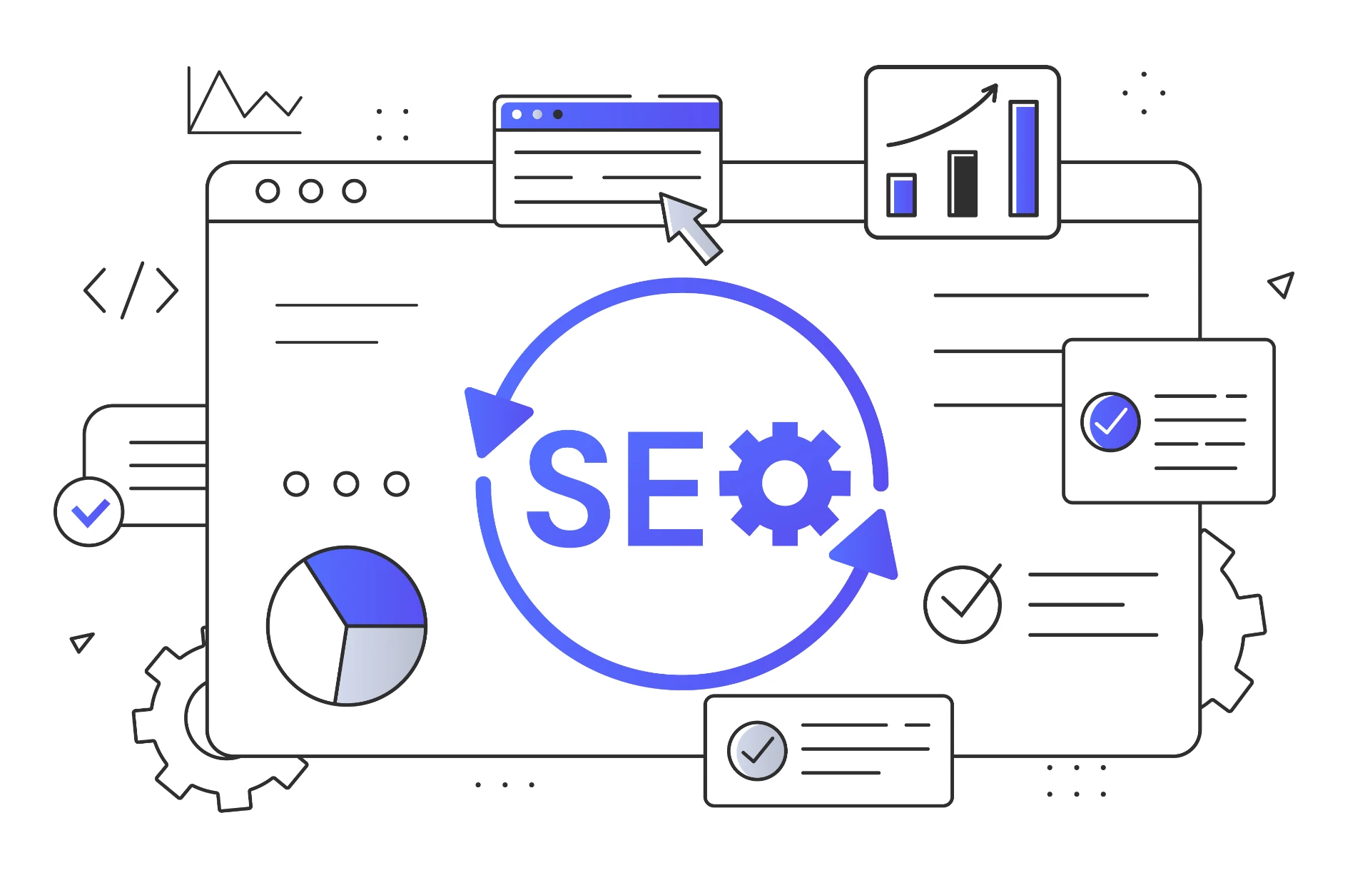 SEO em 2026: Como as Empresas Podem Ser Encontradas Além do Google: Ilustração de SEO com o termo “SE” em um painel central, gráficos e documentos ao redor, representando otimização e reconhecimento de site além do Google.